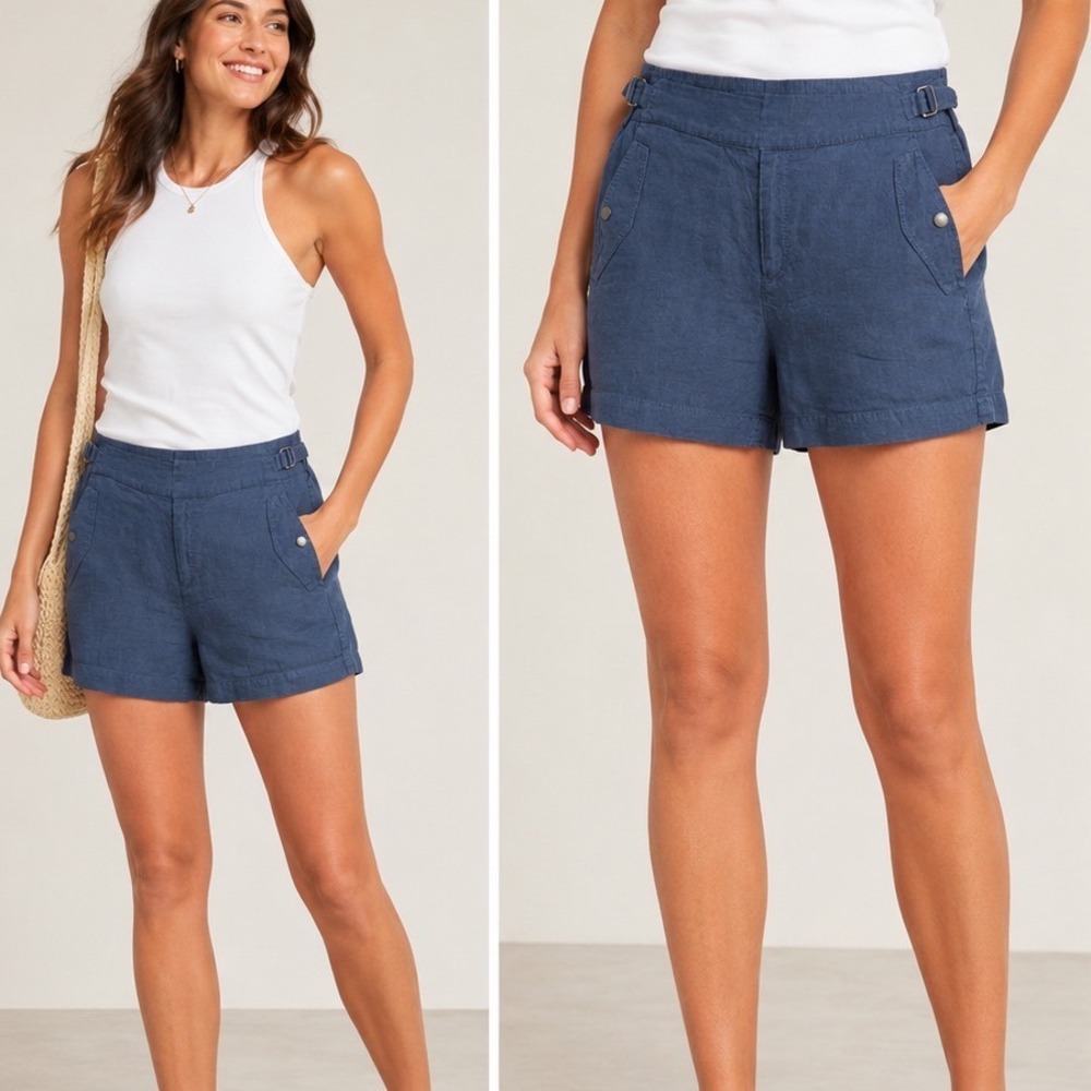 Athleta‎ Cabo Linen Shorts Navy Blue 586829-02 Womens Size 8 Elastic Side Buckle